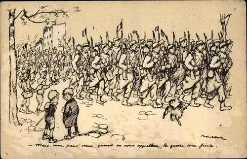 Künstler Ak Poulbot, Francisque, Kinder beobachten marschierende Soldaten