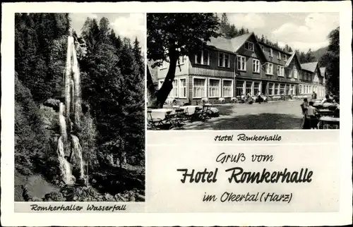 Ak Romkerhalle im Harz, Hotel, Vorderansicht, Wasserfall