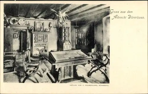 Ak Nürnberg in Mittelfranken, Albrecht Dürerhaus, Innenansicht, Schreibtisch