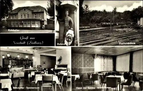 Ak Neustadt am Harz in Thüringen, Ratskeller, Rolandstatue, Freilichtbühne