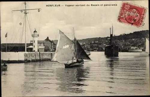 Ak Honfleur Calvados, Vapeur sortant du Bassin et panorama