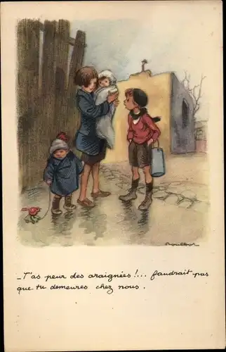 Künstler Ak Poulbot, Francisque, Kinder, Mädchen mit Baby auf dem Arm