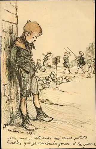 Künstler Ak Poulbot, Francisque, Junge steht an einer Mauer, Kinder spielen Soldaten