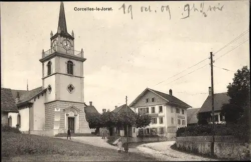 Ak Corcelles le Jorat Kt Waadt Schweiz, Straßenpartie mit Kirche