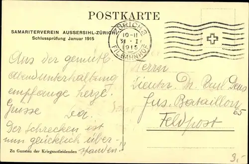 Künstler Ak Aussersihl Zürich Stadt Schweiz, Samariterverein, Schlussprüfung Januar 1915