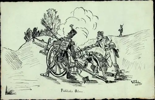 Künstler Ak Glückwunsch Ostern, Soldaten feuern ein Geschütz ab
