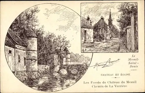 Künstler Ak, Brunet Maurice, Le Mesnil Saint Denis Yvelines, Château et Église