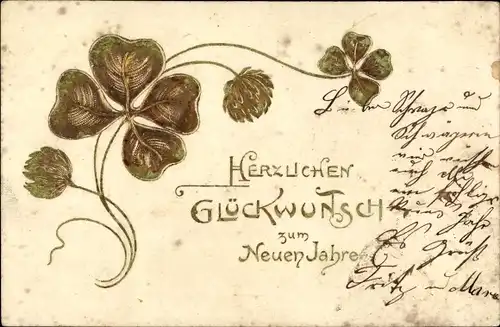 Gold Präge Litho Glückwunsch Neujahr, Kleeblätter