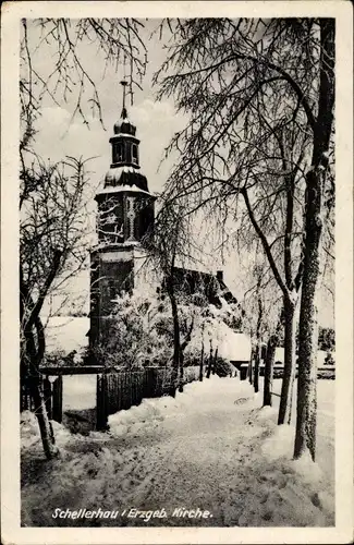 Ak Schellerhau Altenberg im Erzgebirge, Winterpartie an der Kirche