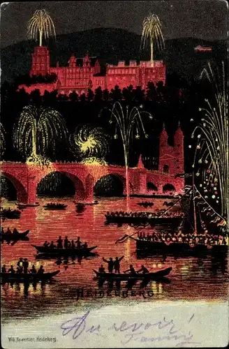 Ak Heidelberg am Neckar, Stadtfest, Brücke, Feuerwerk, Ruderboote