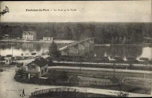 Ak Fontaine le Port Seine et Marne, Pont et Forêt, vue d'oiseau