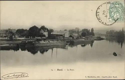 Ak Rueil Hauts-de-Seine, Le Port, gens dans barque à rames, bateaux fluviaux amarrés