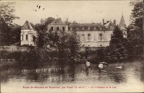 Ak Institution Saint Nicolas de Buzenval, Le Château, vu du Lac, cygnes