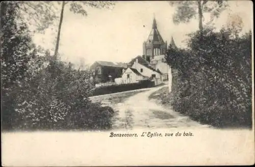 Ak Bonsecours Seine Maritime, L'Eglise, vue du bois