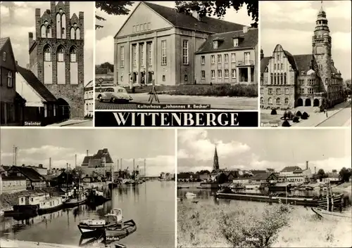 Ak Wittenberge an der Elbe, Steintor, Kulturhaus Johannes R. Becher, Rathaus, Hafen