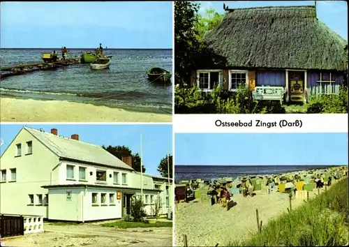 Ak Seeheilbad Zingst an der Ostsee, Fischerstrand, Rohrdachkaten, FDGB Erholungsheim Stranddistel