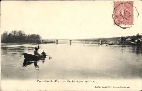 Ak Fontaine le Port Seine et Marne, Un Pêcheur heureux