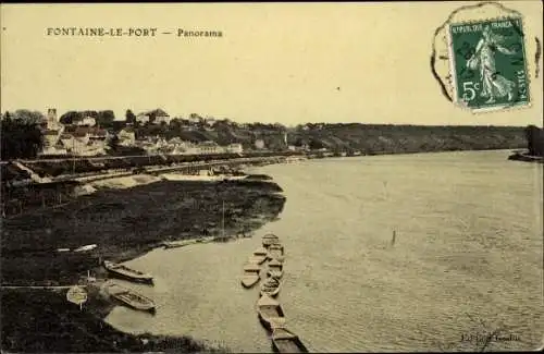 Ak Fontaine le Port Seine et Marne, Panorama, bord de la rivière