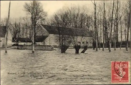 Ak Hermé Seine et Marne, Ferme de la Motte Bonno dans l'eau, Inondation de Janvier et Février 1910