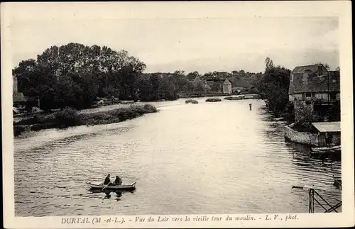 Ak Durtal Maine et Loire, Vue du Loir vers la vieille tour du moulin