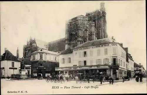 Ak Sens Yonne, Place Thénard, Café Drapès