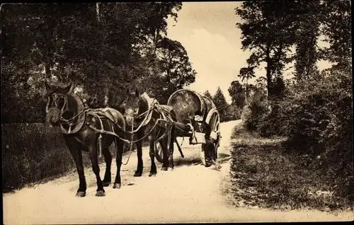 Ak Normandie, Mann in normannischer Tracht transportiert ein Cidre Fass auf einem Pferdegespann