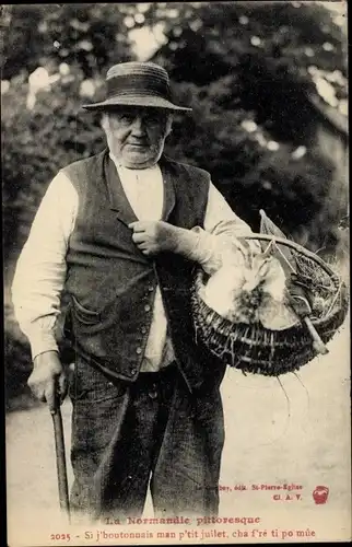 Ak La Normandie pittoresque, Mann in Volkstracht mit Ente im Korb