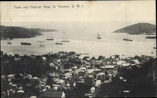Postcard SSaint Thomas Amerikanische Jungferninseln, Town and Harbour