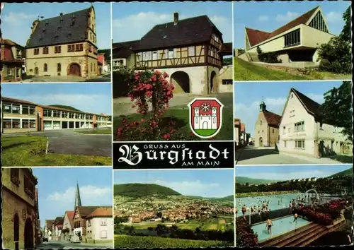 Ak Bürgstadt in Unterfranken, Gesamtansicht, Freibad, Wappen, Gebäude