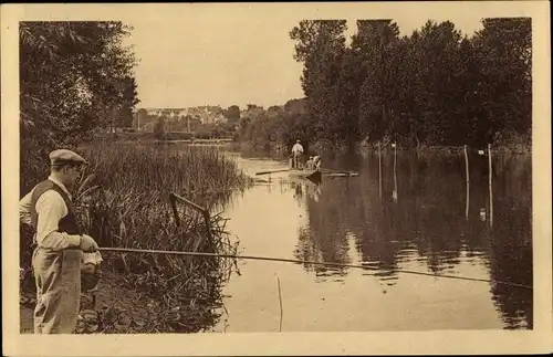 Ak Jablines Seine et Marne, vue panoramique, pêcheur