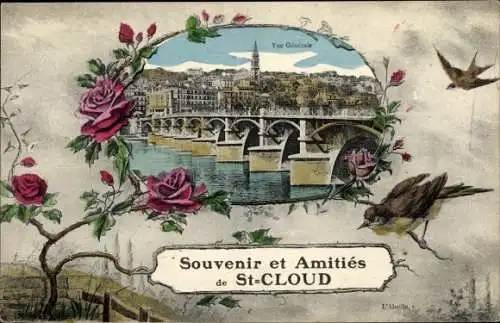 Ak Saint Cloud Hauts de Seine, Gesamtansicht, Brücke, Vögel, Rose