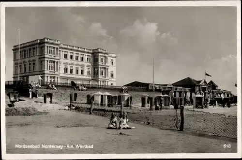 Ak Norderney in Ostfriesland, Am Westbad, Strandpartie, Hotel