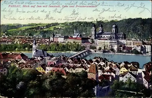 Ak Passau in Niederbayern, Blick auf Inn mit Innstadt, Dom und Priesterseminar