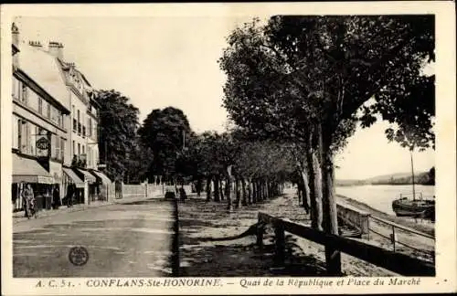 Ak Conflans Sainte Honorine Yvelines, Quai de la République et Place du Marché