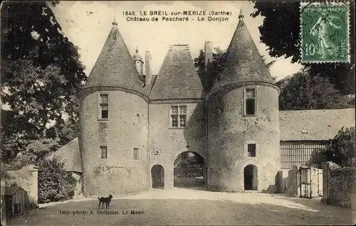 Ak Le Breil sur Merize Sarthe, Chateau de Peschere, Le Donjon