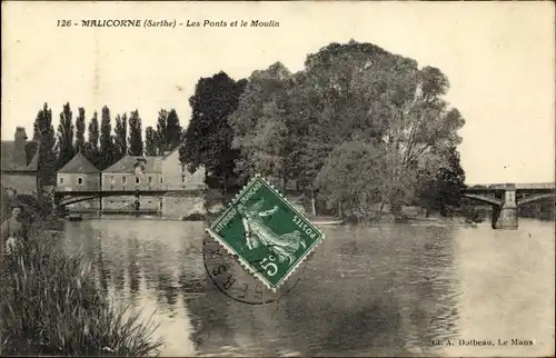 Ak Hautefeuille Malicorne Yonne, les Ponts et le Moulin