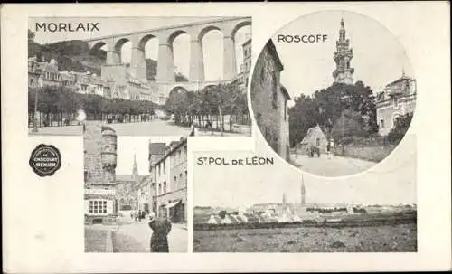 Ak Morlaix Finistère, Roscoff, Saint Pol de Leon, Reclame Chocolat Menier, Viaduc