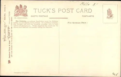 Künstler Ak Malta, The Faldetta, Malteser Tracht, Tuck 7090
