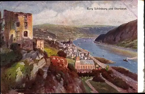 Künstler Ak Heilinger, Oberwesel am Rhein, Burg Schönburg