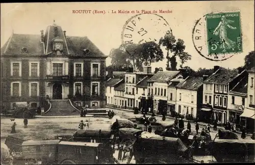 Ak Routot Eure, Mairie et Place du Marché