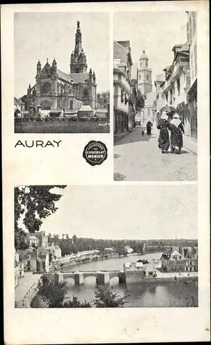 Ak Auray Morbihan, Eglise, une rue, pont