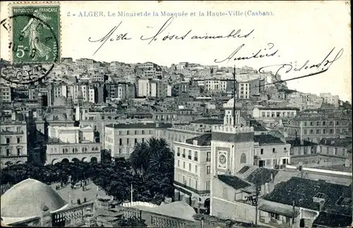 Ak Algier Alger Algerien, Le Minaret de la Mosquee et la Haute Ville