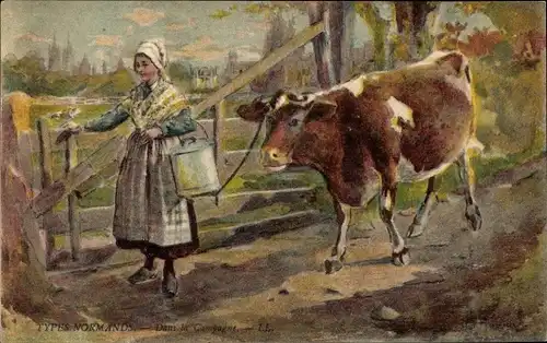 Ak Dans la Campagne, Femme en costume normand, vache