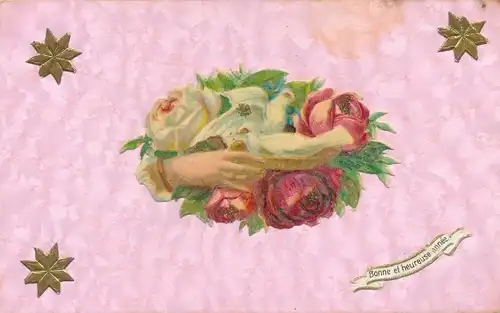 Glitzer Ak Glückwunsch Neujahr, Tauben, Rosen, Sterne