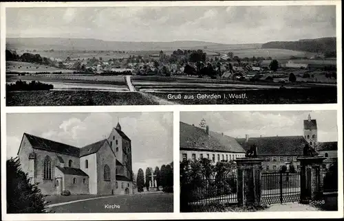 Ak Gehrden Brakel in Westfalen, Kirche, Schloss, Panorama vom Ort