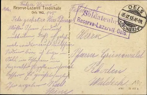 Ak Oleśnica Oels Schlesien, Reserve Lazarett, Tenderhalle, 1915, deutsche Soldaten