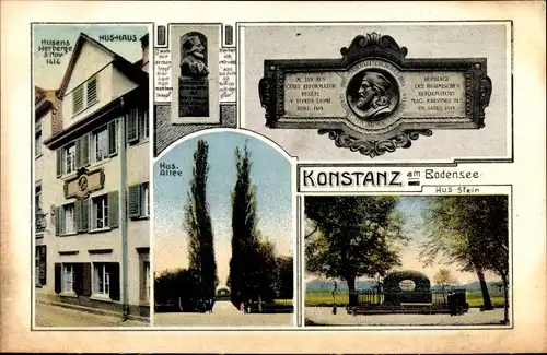 Ak Konstanz am Bodensee, Husens Herberge, Jan Hus Stein, Hus Allee