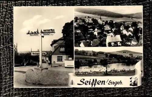 Ak Seiffen im Erzgebirge, Panorama, Teich, Verkehrschilder