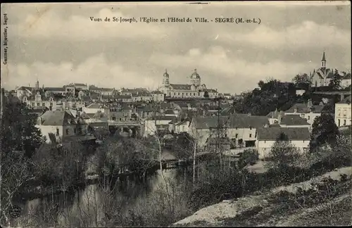 Ak Segré Maine et Loire, Vues de St Joseph, L'Eglise et l'Hotel de Ville