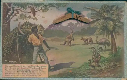 Material Künstler Ak Australien, Aborigine mit Bumerang, Känguru, Emu